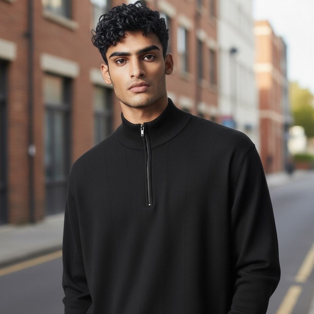 Pronto-Uomo Black Pullover Quarter Zip Black Silk Sweater Mens XXL